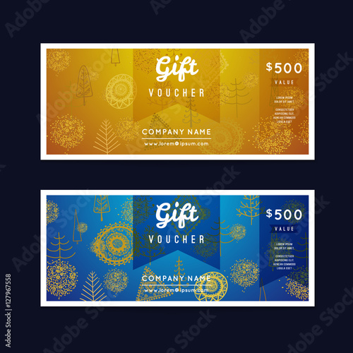 Voucher, Gift certificate and Coupon template. Floral, vintage ornament, christmas tree. Background design for invitation, ticket, banknote, money design, currency, check. Bright gold Vector
