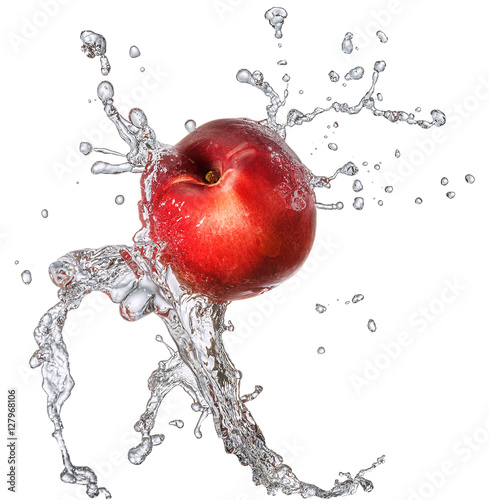 Water splash and fruits isolated on white backgroud with clipping path. Fresh nectarine