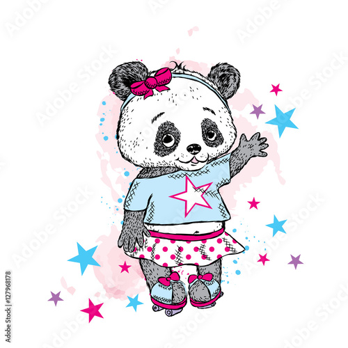 Fototapeta Naklejka Na Ścianę i Meble -  Cute Panda on roller skates. Pretty girl in a skirt. Vector illustration for a card or poster. Print on clothes. Childhood. Fashion & Style.