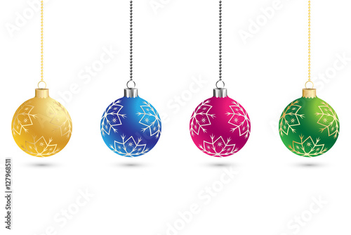 Christmas set of balls decoration background with snowflakes. Happy New Year bauble traditional. Merry Xmas greeting card . Bright shiny decorative holiday design. Vector illustration