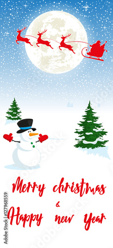 Merry Christmas and Happy New Year banner. Snowman, silhouettes fly deers and Santa Claus in sleigh on background moon. Concept design greeting card, flyer, poster. Cartoon style. Vector illustration © Dunhill