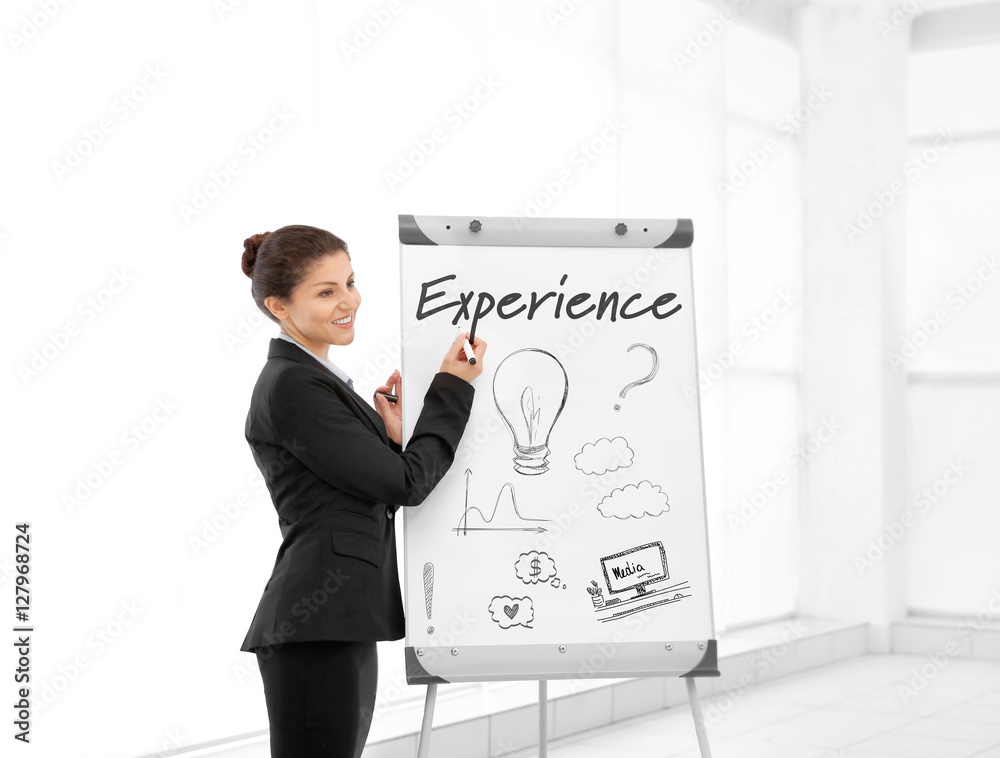 Fototapeta premium Business trainer near flipchart at conference. Business coaching and development concept.