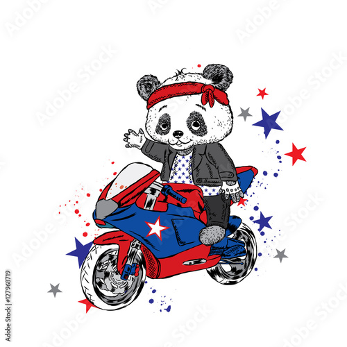 Fototapeta Naklejka Na Ścianę i Meble -  Cute panda on a motorcycle. Panda - biker. Funny Bear. Vector illustration for a card or poster. Print on clothes.