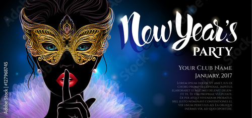 Vector Illustration. A mysterious lady in golden carnival mask put a finger on lips in a hush gesture. Concept design with hand drawn New Year lettering for greeting card, invitation, banner or flyer.