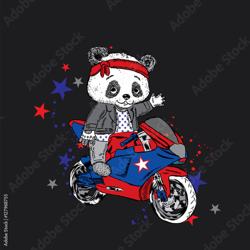 Fototapeta Naklejka Na Ścianę i Meble -  Cute panda on a motorcycle. Panda - biker. Funny Bear. Vector illustration for a card or poster. Print on clothes.