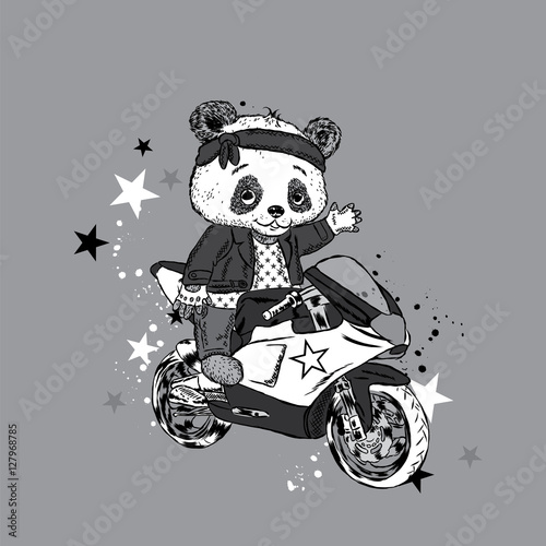 Fototapeta Naklejka Na Ścianę i Meble -  Cute panda on a motorcycle. Panda - biker. Funny Bear. Vector illustration for a card or poster. Print on clothes.