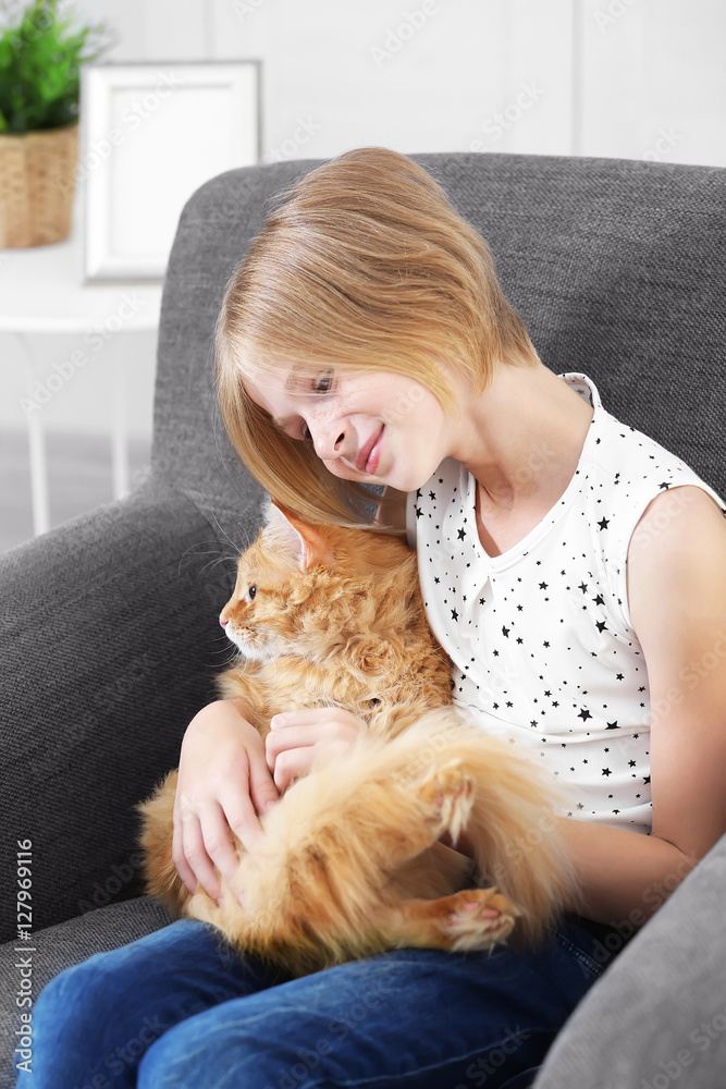 Beautiful little girl sitting on grey armchair with red fluffy cat Beautiful little girl sitting on grey armchair with red fluffy cat