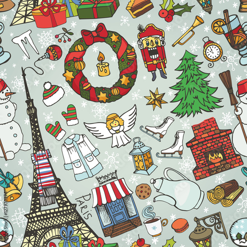 Paris winter,Doodle christmas symbols seamless pattern