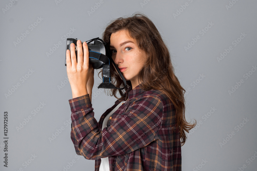 pretty young girl testing virtual reality glasses pretty young girl testing virtual reality glasses