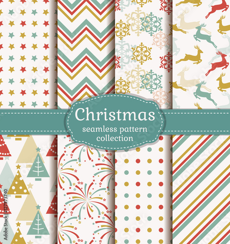 Bild auf Leinwand Merry Christmas and Happy New Year! Set of retro seamless backgrounds with traditional symbols: reindeer, fir-tree, snowflakes, firework and suitable abstract geometric patterns