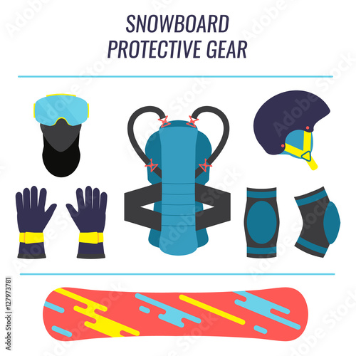 Snowboard protective gear icon set. Safety equipment tools isolated on white background. Winter sport concept. Vector illustration.