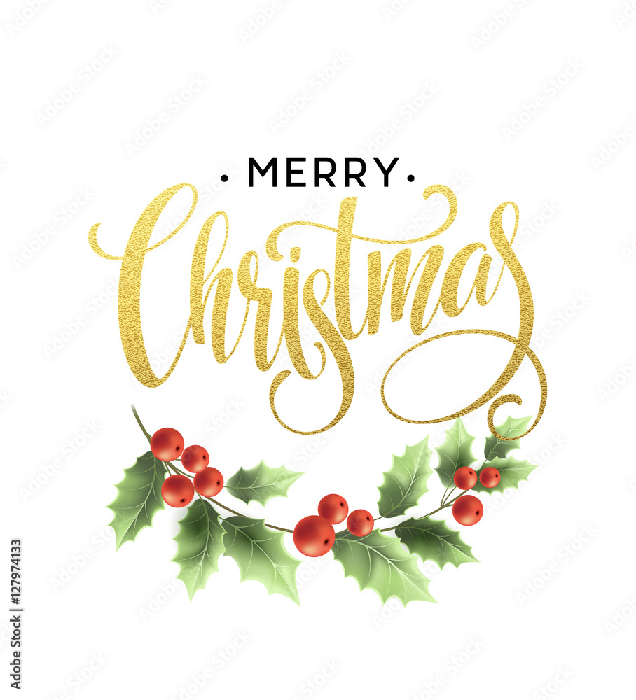 Merry Christmas Lettering with holly berry. Vector illustration
