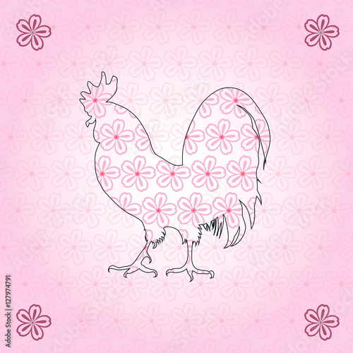 Carte de voeux. Bonne Année 2017. L'année du Coq. Signe zodiacal Chinois, Japon.Signe zodiacal Chinois.