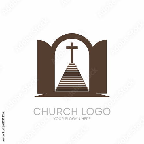 Church logo. Christian symbols. Open the door and the staircase leading to the cross of the Lord and Savior Jesus Christ.