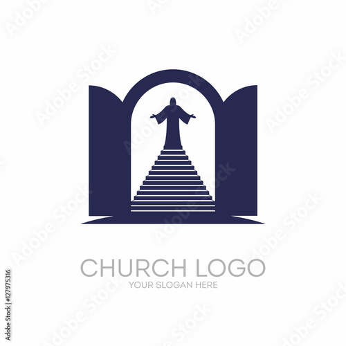 Church logo. Christian symbols. Open the door and the staircase leading to the Lord and Savior Jesus Christ.