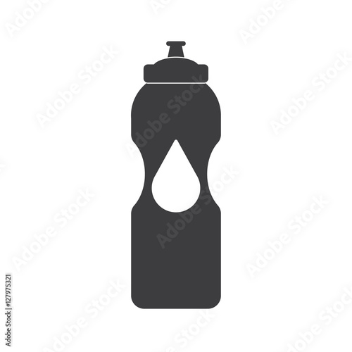 Black Plastic bottle silhouette with water. Small sport bottle of water. With drop. Vector illustration