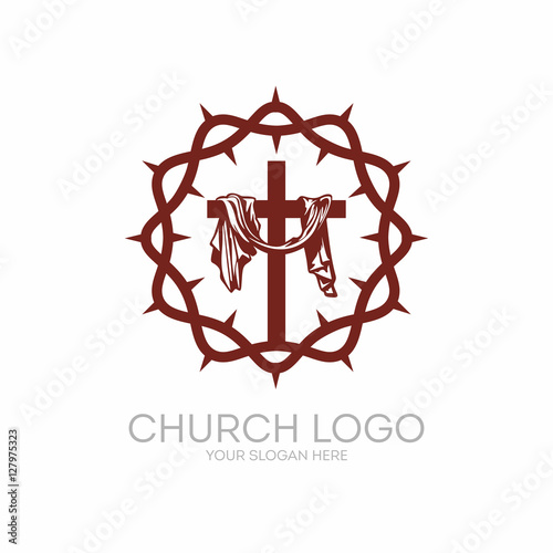 Church logo. Christian symbols. Crown of Thorns Savior Jesus Christ and the cross at Calvary.