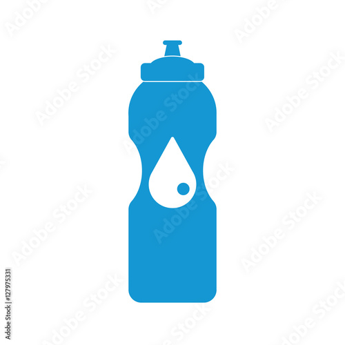 Blue Plastic bottle silhouette with water. Small sport bottle of water. With drop. Vector illustration