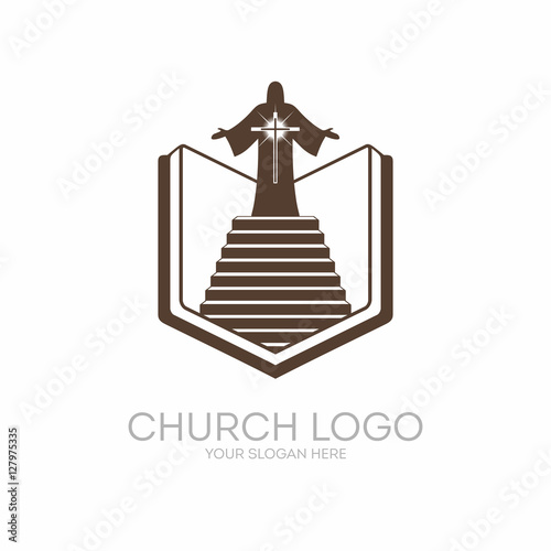 Church logo. Christian symbols. Bible, Holy Scripture, the staircase leading to the Lord and Savior Jesus Christ, on the cross at Calvary.