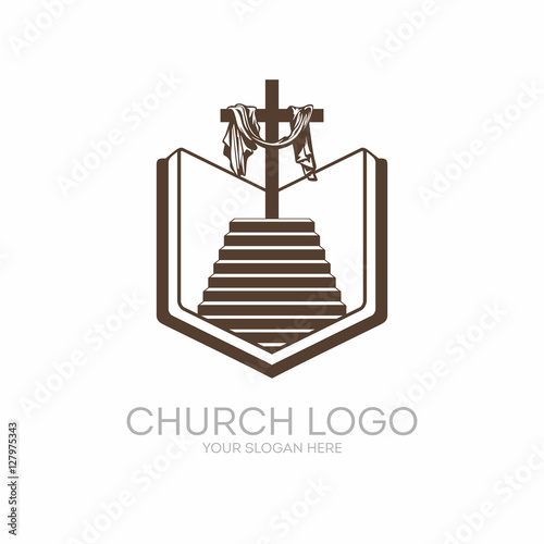 Church logo. Christian symbols. Bible, Holy Scripture, the staircase leading to the Lord and Savior Jesus Christ, on the cross at Calvary.