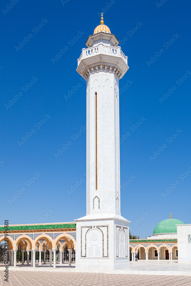 Minaret tower of mausoleum of the first Tunisian President Habib Bourguiba in courtyard in Monastir, Tunisia, Africa Minaret tower of mausoleum of the first Tunisian President Habib Bourguiba in courtyard in Monastir, Tunisia, Africa