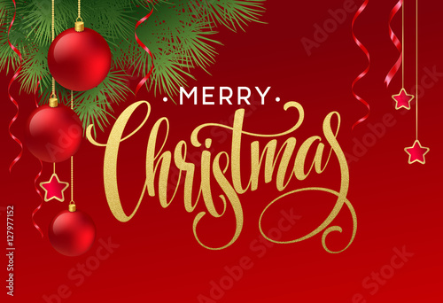 Christmas Tree Branches Border with handwriting Lettering. Vector Illustration