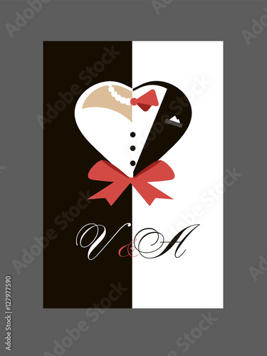 Bride and groom Wedding invitation. Wedding hearts. 
Frame in the shape of heart. Black and white 