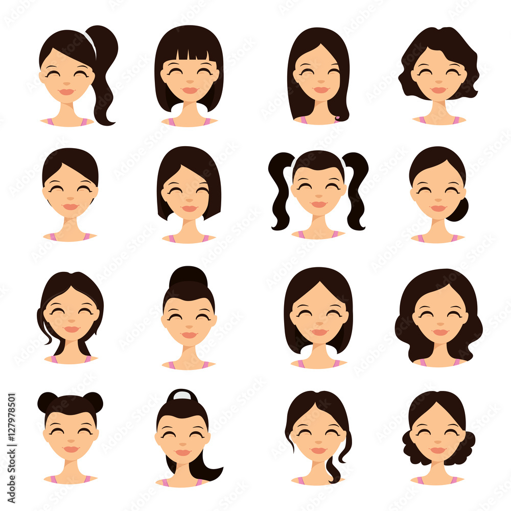 Womens hairstyles. Beautiful young girl with various hair styles vector  illustration Stock Vector | Adobe Stock