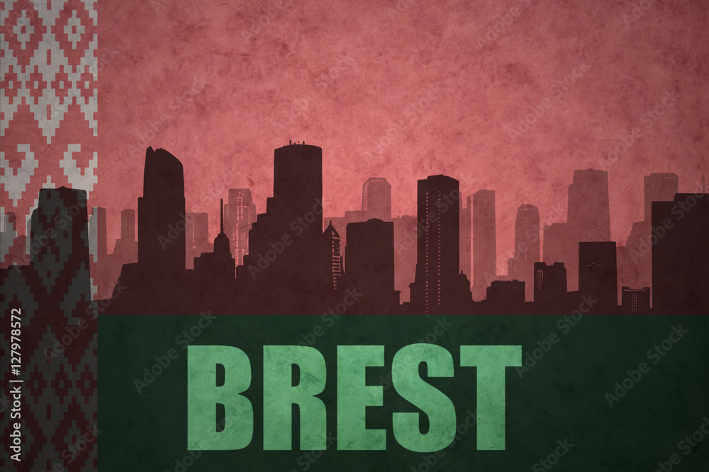 abstract silhouette of the city with text Brest at the vintage belarus flag