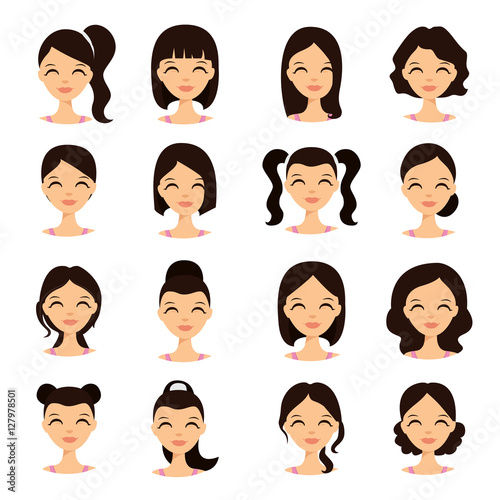 Womens hairstyles. Beautiful young girl with various hair styles vector illustration