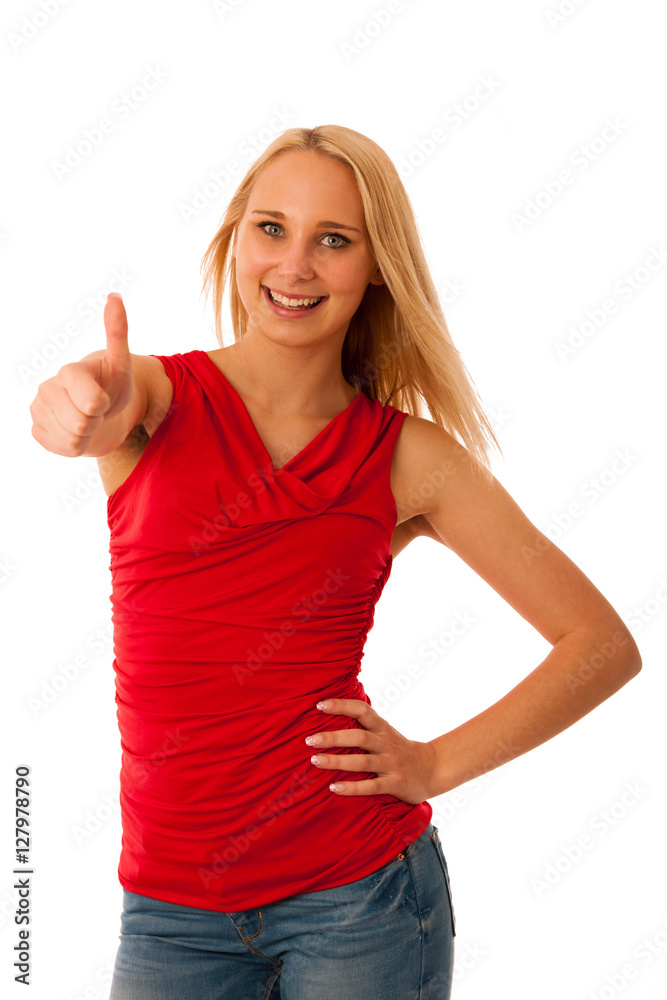 Business woman gestures success with thumbs up