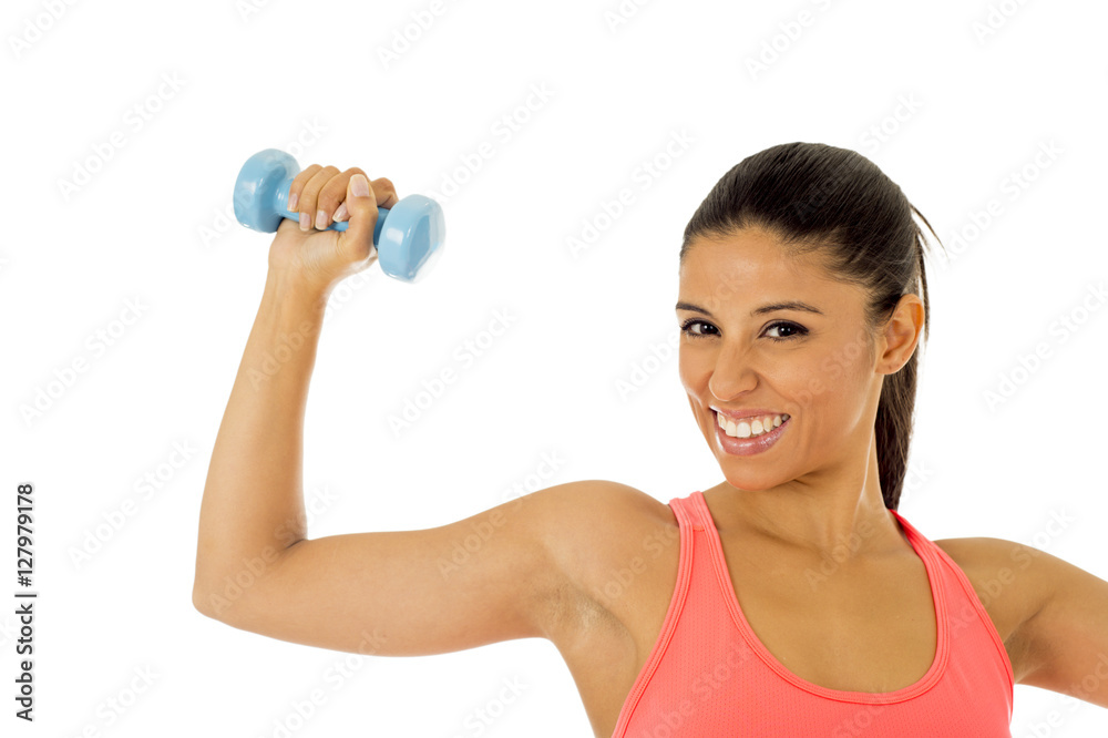 attractive happy latin woman holding weight dumbbell doing fitness workout attractive happy latin woman holding weight dumbbell doing fitness workout