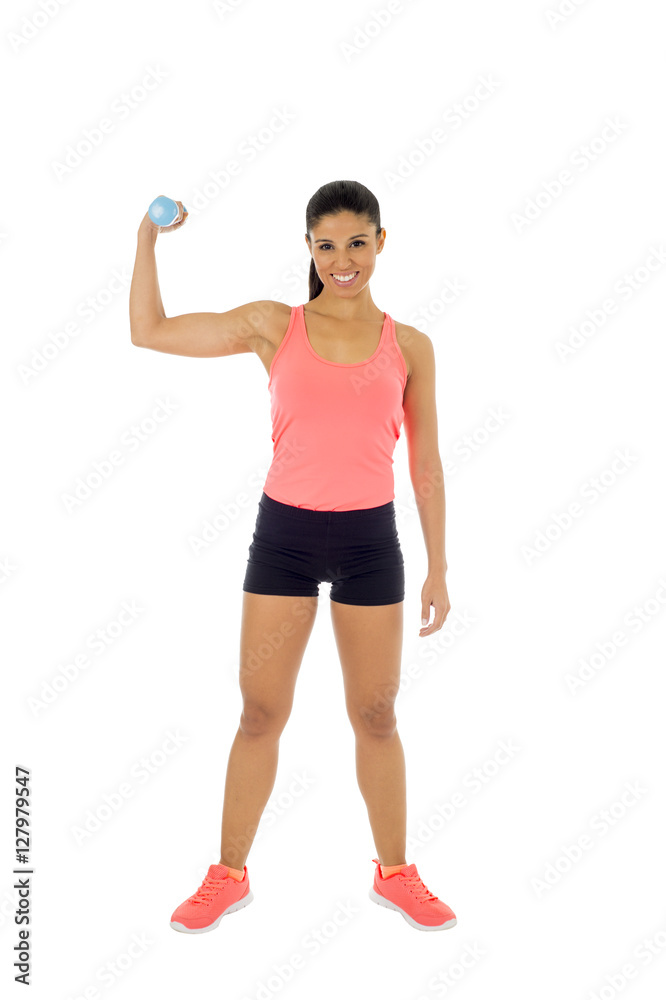  attractive happy latin woman holding weight dumbbell doing fitness workout