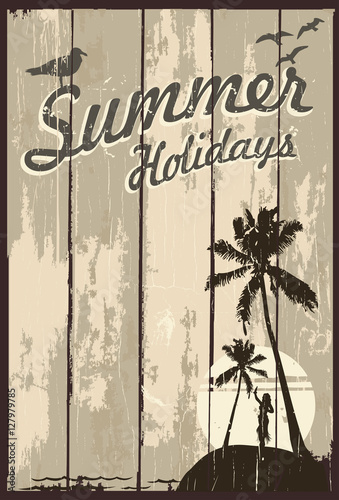 Wooden sign with text summer holidays and hula girl silhouette
