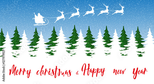 Merry Christmas and Happy New Year banner. Silhouette Santa Claus in sleigh with five deers flying over christmas trees forest. Concept holiday poster, flyer, greeting card. Cartoon style. Vector