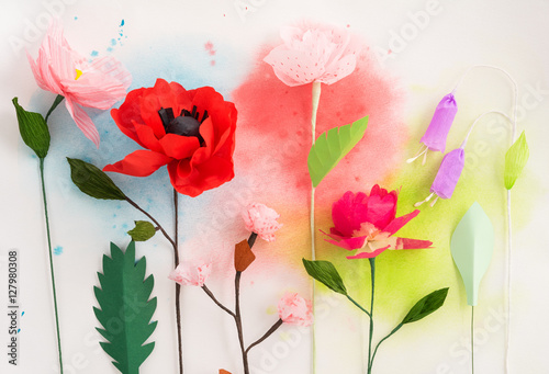 Fototapeta Naklejka Na Ścianę i Meble -  Colourful handmade paper flowers and watercolor painting