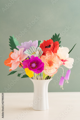 Fototapeta Naklejka Na Ścianę i Meble -  Bouquet of handmade paper flowers in a vase