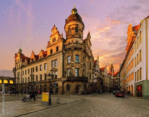 Streets architecture in old town of Dresden in sunset time. Saxony, Europe.