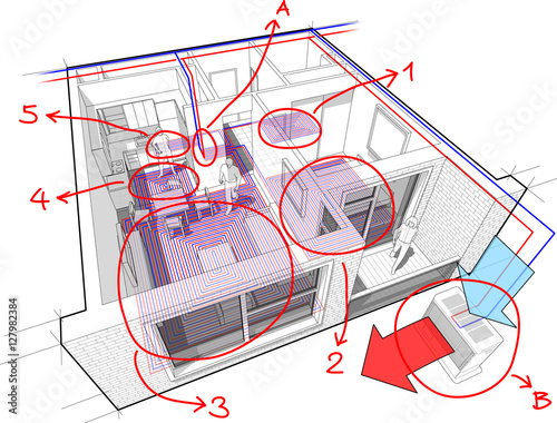 Perspective cutaway diagram of apartment completely furnished with hot water underfloor heating and air source heat pump with central heating system as source of heating energy with hand drawn notes 
