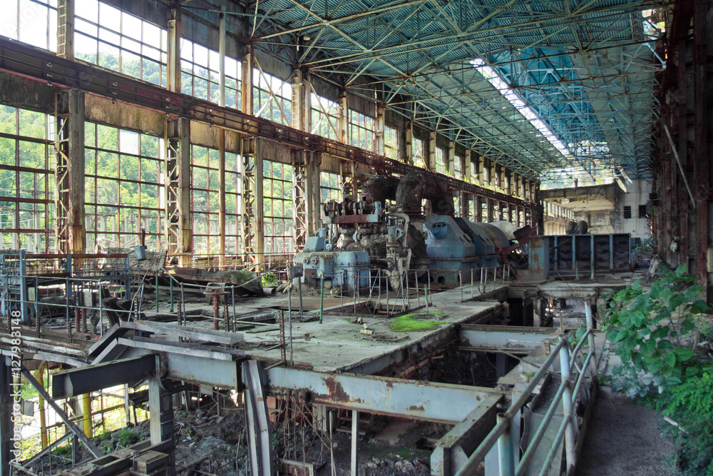 Abandoned, destroyed by war and overgrown machinery of Tkvarcheli power plant 