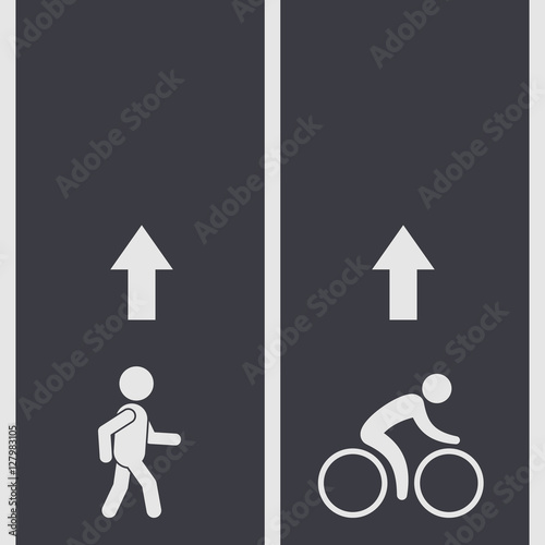 Bicycle and pedestrian paths illustration, vector. Walking path and bike path with arrow.