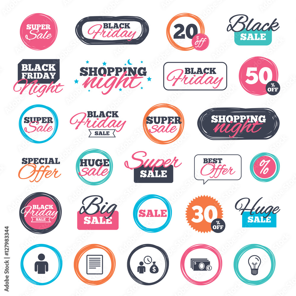 Sale shopping stickers and banners. Bank loans icons. Cash money bag symbol. Apply for credit sign. Fill document and get cash money. Website badges. Black friday. Vector