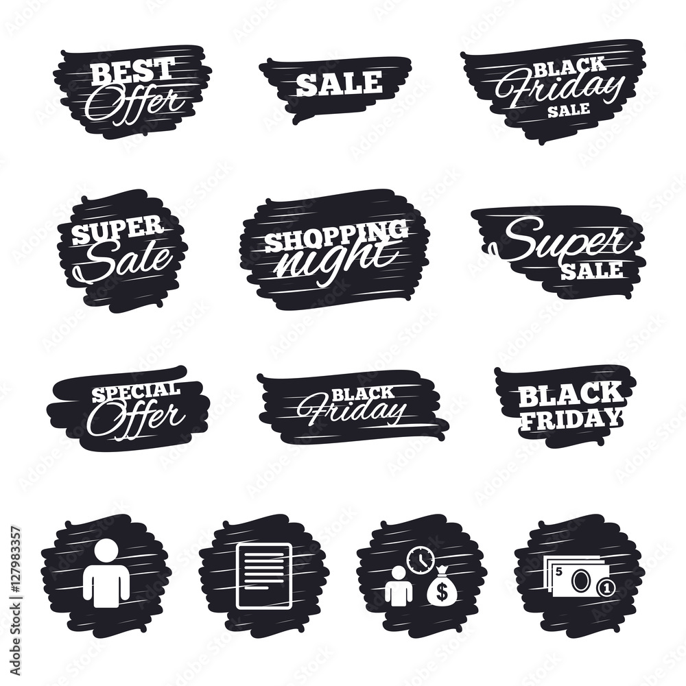 Ink brush sale stripes and banners. Bank loans icons. Cash money bag symbol. Apply for credit sign. Fill document and get cash money. Black friday. Ink stroke. Vector