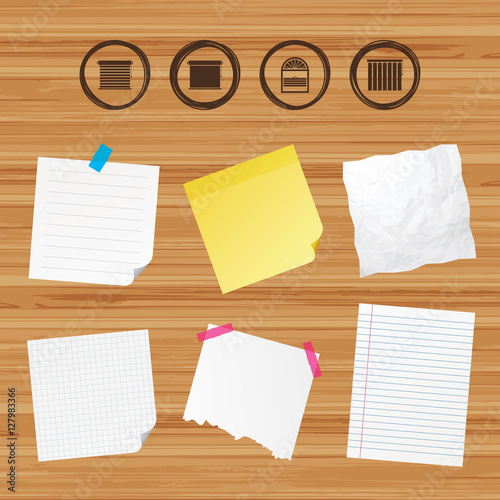 Business paper banners with notes. Louvers icons. Plisse, rolls, vertical and horizontal. Window blinds or jalousie symbols. Sticky colorful tape. Vector