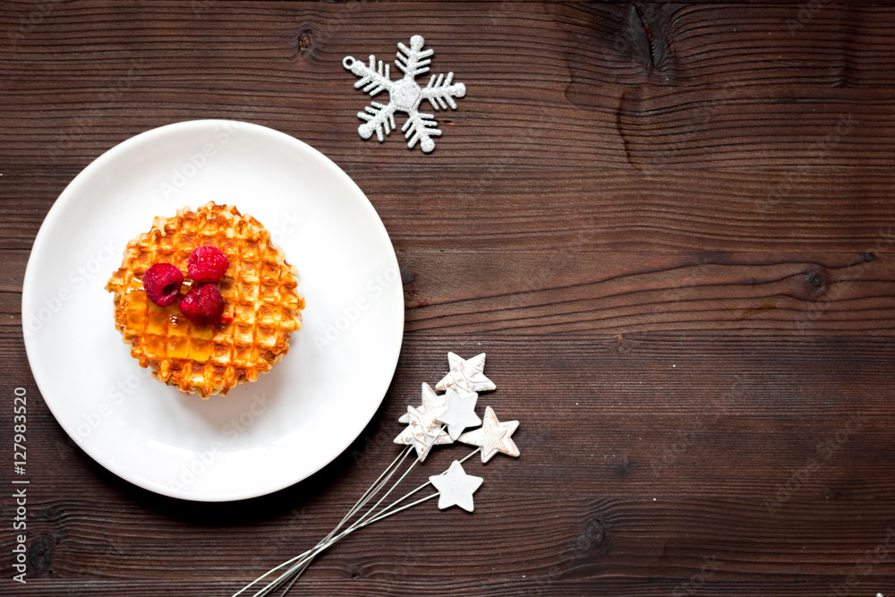 Christmas breakfast with waffles top view Christmas breakfast with waffles top view