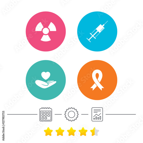 Wallpaper Mural Medicine icons. Syringe, life insurance, radiation and ribbon signs. Breast cancer awareness symbol. Hand holds heart. Calendar, cogwheel and report linear icons. Star vote ranking. Vector Torontodigital.ca