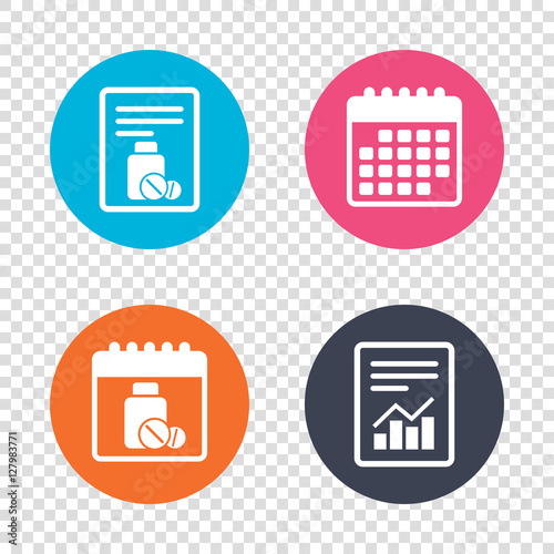 Report document, calendar icons. Medical tablets bottle sign icon. Pharmacy medicine drugs symbol. Transparent background. Vector