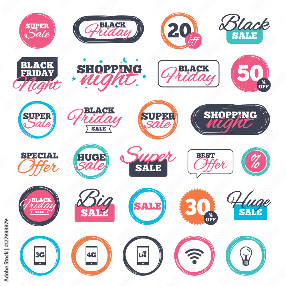 Sale shopping stickers and banners. Mobile telecommunications icons. 3G, 4G and LTE technology symbols. Wi-fi Wireless and Long-Term evolution signs. Website badges. Black friday. Vector