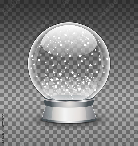 Snow Globe vector illustration. Empty snowglobe. Crystal 3d Sphere. Transparent glass ball. New Year gift template