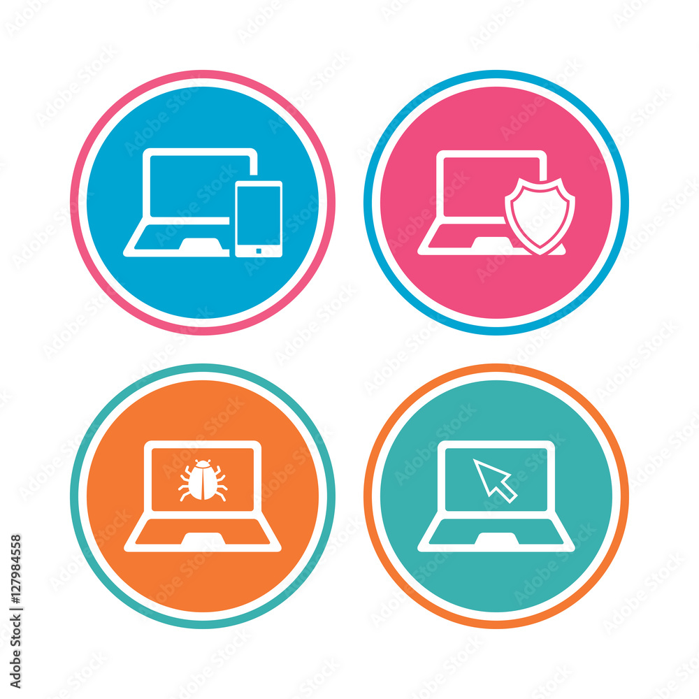 Notebook laptop pc icons. Virus or software bug signs. Shield protection symbol. Mouse cursor pointer. Colored circle buttons. Vector